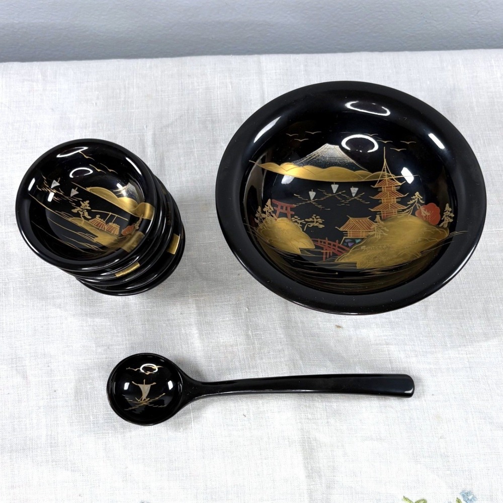 Vintage Japanese Black Gold Lacquerware Dipping Bowl Set Mount Fuji Pagoda 8pc